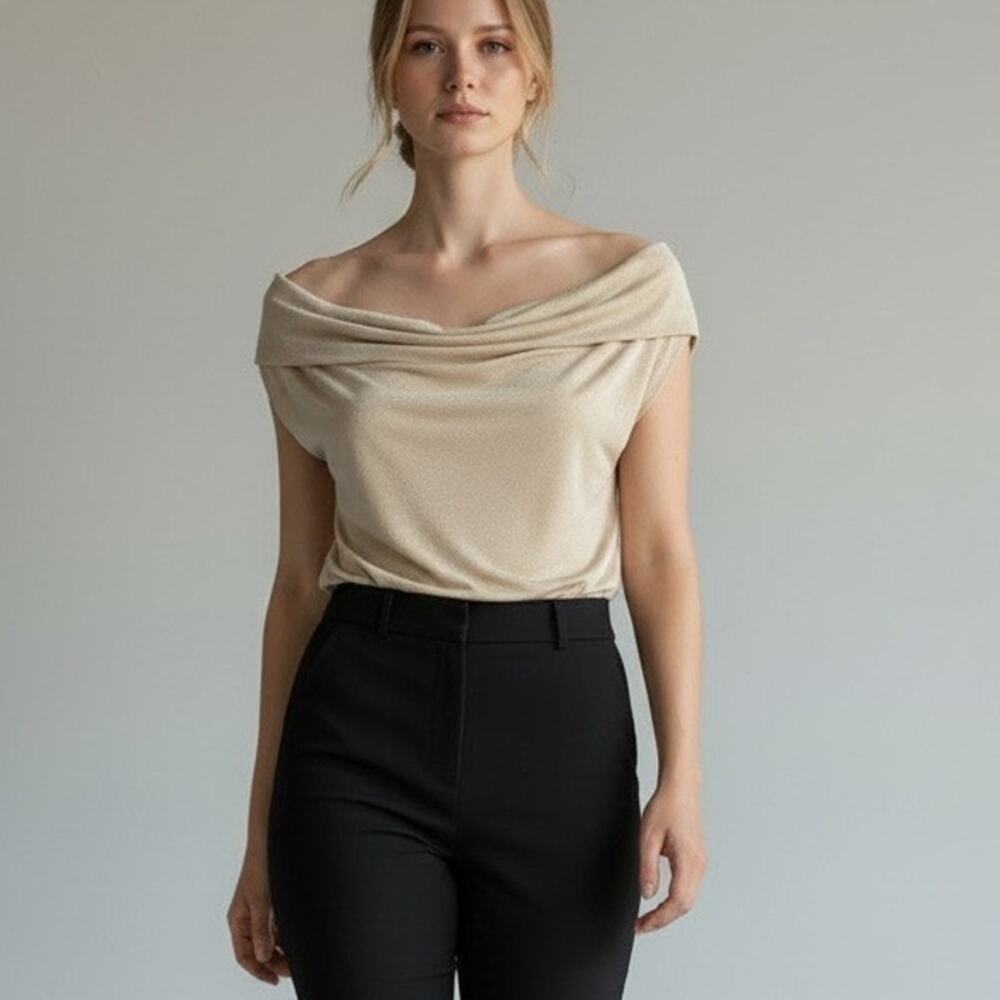 NWT Ann Taylor Gold Shimmer Metallic Cowl Neck Top Size PXL glam
